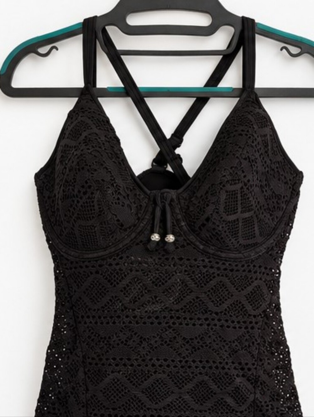 NWT Freya Sundance Black Crochet Lace Tankini Top, 38DD